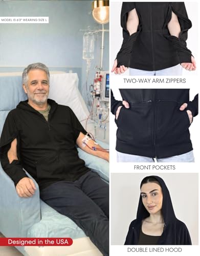 Inspired Comforts Unisex Dialysis & IV Access Hoodie – Dual Arm Zippers, Thumbhole Sleeves & Pockets - color: Black, size: Small