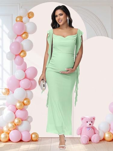 Women's Maternity Draped Neck Ruffle Bodycon Baby Shower Dress - color: Mint, size: Medium