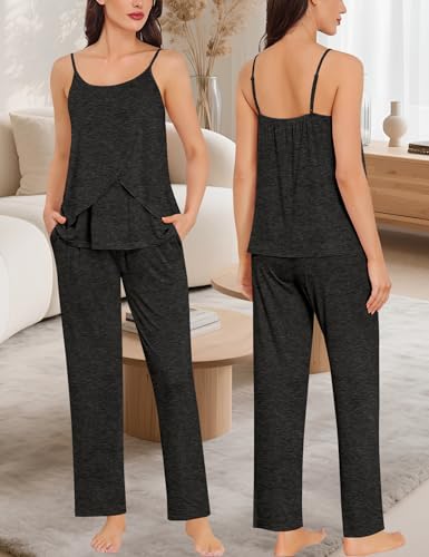 SWOMOG Maternity Pajamas Set 3 PCS Nusing Pajamas Labor and Delivery Gown & Camisole & Pants Postpartum Pjs - color: Black Gray, size: Medium