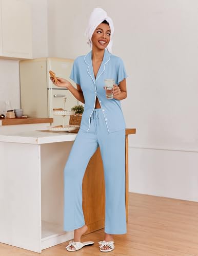 Ekouaer Pajamas for Women Set Ruffle Sleeve Button Up with Long Pants - color: Light Blue, size: Large