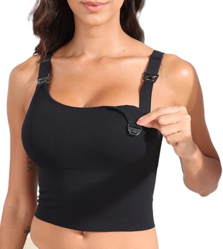 Suekaphin Nursing Bra Longline Tank Top Crop,Support Maternity Workout Sport Bra,Wide Straps Sewn Cups for Breastfeeding - size: Medium