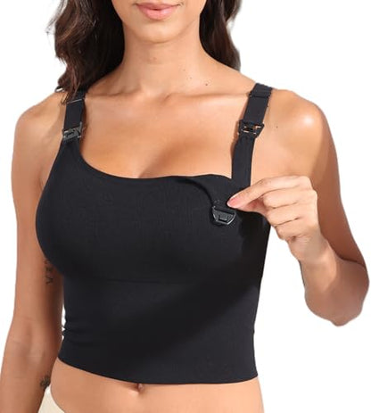 Suekaphin Nursing Bra Longline Tank Top Crop,Support Maternity Workout Sport Bra,Wide Straps Sewn Cups for Breastfeeding - size: Medium