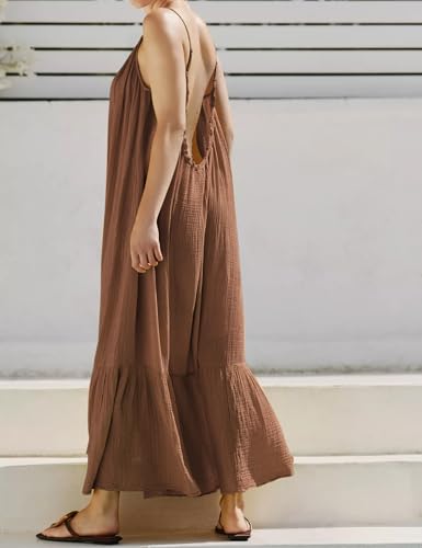R.Vivimos Women's Summer Cotton Backless Casual Maxi Dress - color: Brown, size: Medium