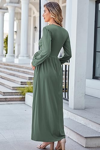 OUGES Women's Wrap Pregnancy Maxi V Neck Fall Baby Shower Maternity Dress - color: Gray Green, size: Medium