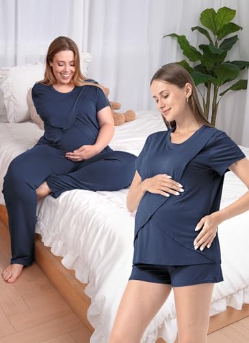 Rnxrbb 3 Piece Postpartum Nursing Pajamas Set Maternity Breastfeeding Pjs - color: Navy, size: Large