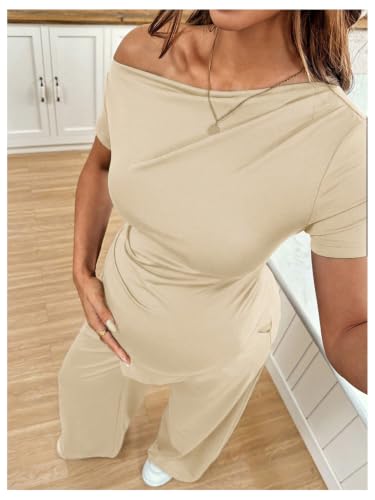 SweatyRocks Women's Maternity Sets 2 Piece Off The Shoulder Top and Pants - color: Beige, size: Medium
