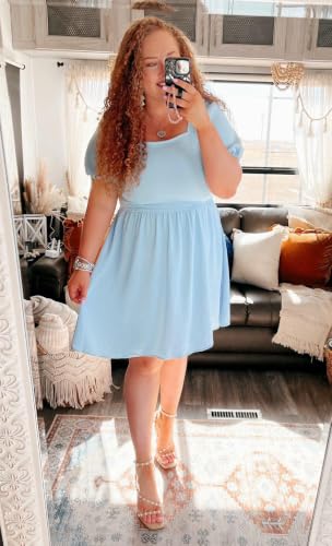OFEEFAN Women Puff Sleeve Square Neck Tie in Back Dresses with Zipper - color: Baby Blue, size: X-Large