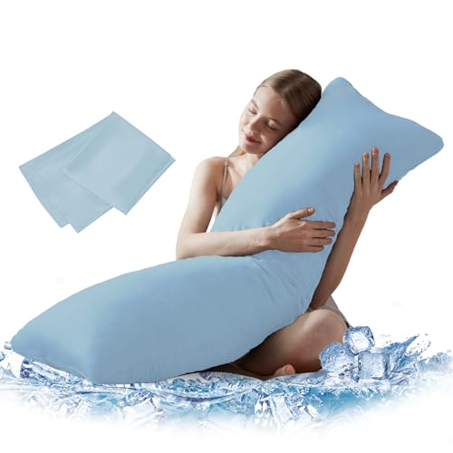 DOWNCOOL Large Body Pillow Insert with Cooling Cover - Soft Long Bed Pillow for Summer - Breathable Full Body Pillow for Adults - 20x54 inch (Blue, with Cover) - color: Blue Cooling, size: With Cover