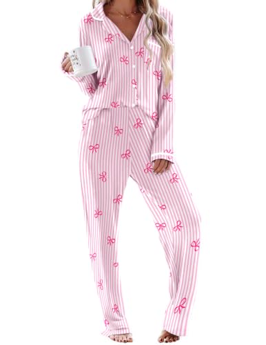 Ekouaer Womens Pajama Sets Long Sleeve Button Down 2 Piece Soft Pjs - color: Striped Bow-pink, size: XX-Large