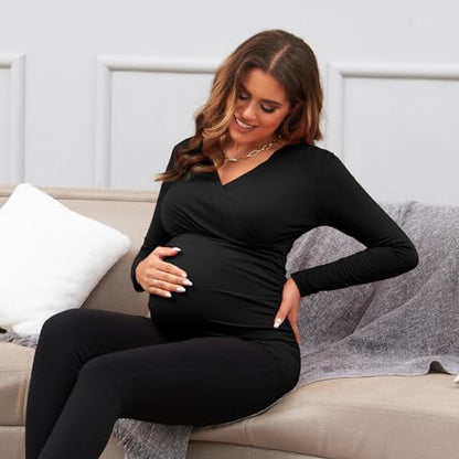 Maternity Shirt Long Sleeve Top Wrap V Neck Blouse Cross Over Nursing Tshirt - color: Black /Black /Black, size: X-Large