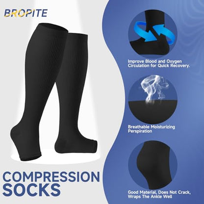 bropite Open Toe Compression Socks for Women，3 Pairs Toless Knee-High Socks - color: C-bbp Open, size: Large-X-Large