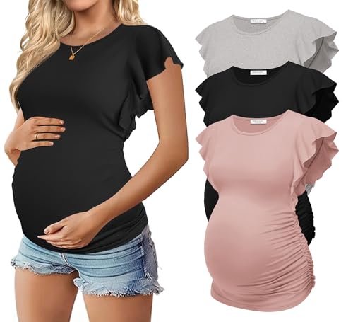 Ekouaer Maternity Shirts 3 Pack Flying Short Sleeve Tops Pregnancy Clothes - color: Light Grey / Black / Pink(3pcs), size: X-Large