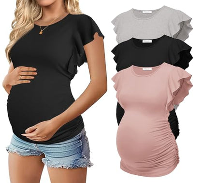 Ekouaer Maternity Shirts 3 Pack Flying Short Sleeve Tops Pregnancy Clothes - color: Light Grey / Black / Pink(3pcs), size: Medium
