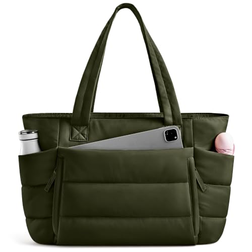 Uselike Tote Bag for Women with Zipper, Quilted Puffer Tote Bag with Compartments, Lightweight Puffy Work Bags for Women - color: Dark Olive Green