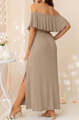 Off Shoulder Ruffle Sleeve Maternity Maxi Dress Side Slit - color: Khaki, size: X-Large