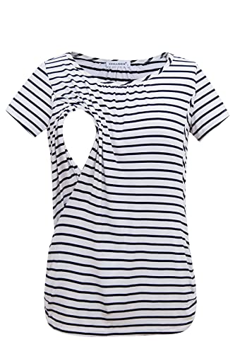 Smallshow Women's Nursing Tops Ruched Short Sleeve Breastfeeding Shirts 3-Pack - color: Black-deep Grey-white Stripe, size: Small