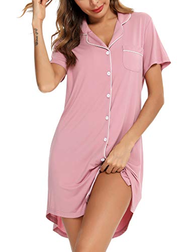 Senert Nightgowns for Women Button Down Sleeve Sleep Shirt Night Gowns - color: Bean Paste, size: Medium