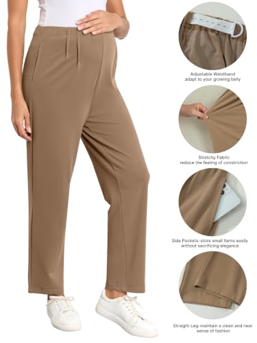 BLENCOT Maternity Work Pants Over Belly Adjustable Pregnancy Comfy Office - color: Dark Khaki, size: Large