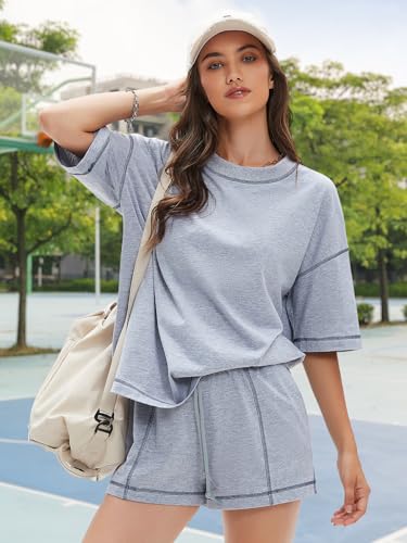EXLURA Womens Short Sets 2 Piece Outfits Summer 100% Cotton Matching Set - color: Grey, size: Medium