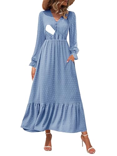 CzzzyL Women Nursing Boho Maxi Dress Swiss Dot Smocked with Pockets - color: S-lightblue, size: Medium