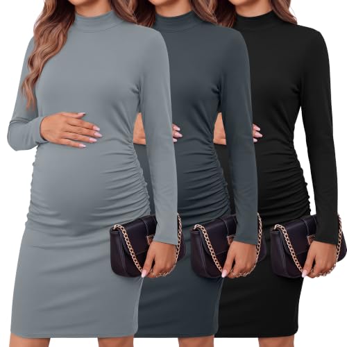 3 Pack Women's Maternity Dresses Long Sleeve Dresses - color: Black, Dark Gray, Light Gray, size: Small