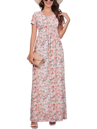 DEARCASE Maxi Dress for Women Short Sleeve Casual Summer Loose Plain Comfy Long Dresses with Pockets - color: 1-black Yellow Pink Chrysanthemum, size: Small