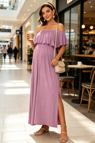 Off Shoulder Ruffle Sleeve Maternity Maxi Dress Side Slit - color: Mauve, size: Large