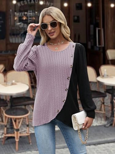 MixShe Womens Knit Sweaters 2026 Fall Winter Casual Long Sleeve Ribbed Colorblock Button Pullover Tops - color: Grey Pink, size: Small