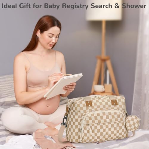 Tenot Diaper Bag Tote, Baby Bag with Pacifier Case, Khaki Checkered - color: Khaki Checkered