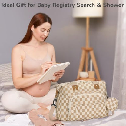 Tenot Diaper Bag Tote, Baby Bag with Pacifier Case, Khaki Checkered - color: Khaki Checkered
