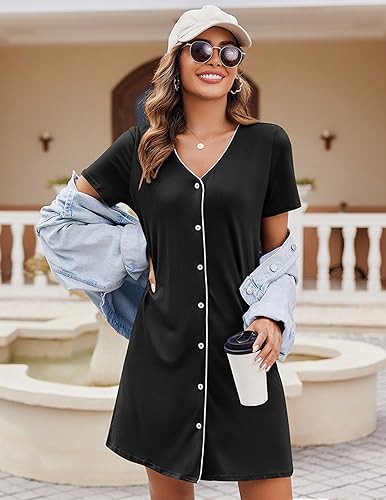 Ekouaer Nightgowns for Women 2 Pack Night Gowns Button Down Sleep Shirts - color: Black/Grey Stripe, size: Medium
