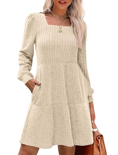 Sampeel Womens Square Neck Long Sleeve Fall Dresses Casual Babydoll Sweater Dress - color: Apricot, size: Medium