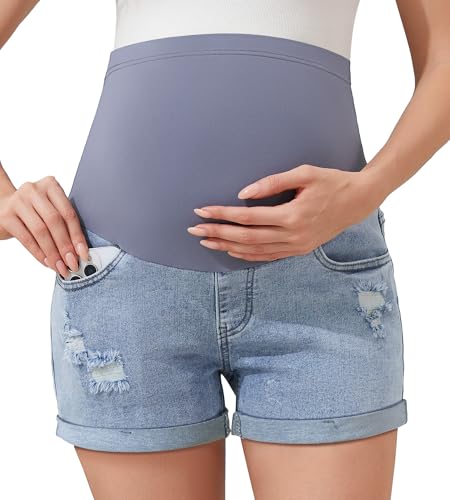 fitglam Women's Maternity Shorts Over Belly Pregnancy Lounge Workout Running Pajama Sleep Shorts with Pockets - color: Denim 04 Light Blue Ripped, size: X-Large