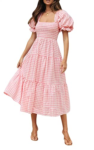 ZESICA Women's Summer Boho Gingham Puff Sleeve Square Neck Beach Midi Dress - color: Pink, size: X-Large