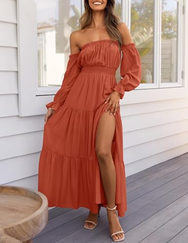 ZESICA Womens Fall Long Sleeve Boho Off Shoulder Maxi Dresses - color: Rust, size: Large