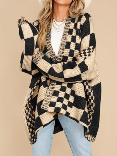 Saodimallsu Womens Checkered Cardigan Sweater - color: Apricot, size: X-Large