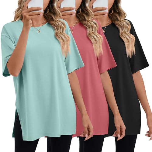 Huukeay 3 Pack Women's Oversized T Shirts Workout Tops - color: Black, Grey Green, Brick Red, size: Medium