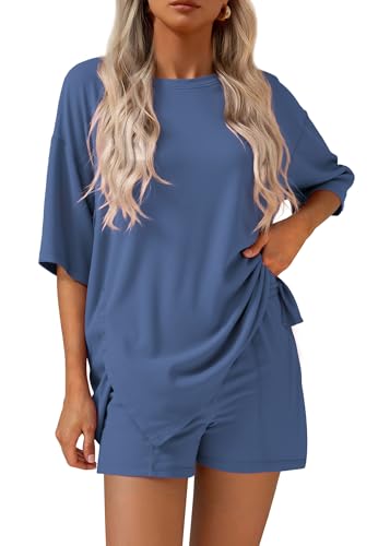 KIRUNDO 2 Piece Sets for Women Summer Lounge Sets Casual - color: Blue, size: Large