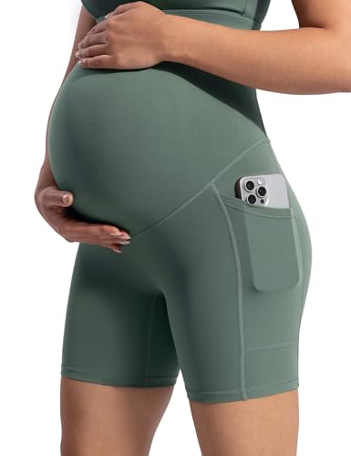 POSHDIVAH Creamluxe Maternity Biker Shorts with Pockets 6"/8" - color: Olive Mist, size: Small