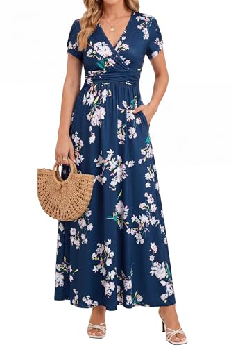 OUGES Women's Wrap V Neck Summer Maternity Photoshoot Dress with Pockets - color: Blue White Floral, size: Medium