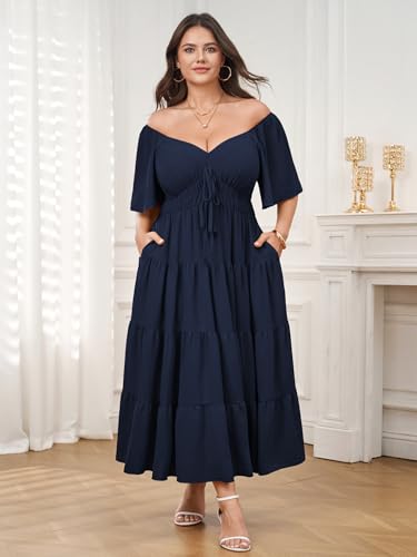 Plus Size Casual Summer Boho Maxi Long Dresses for Curvy Women - color: Navy Blue, size: XX-Large Plus