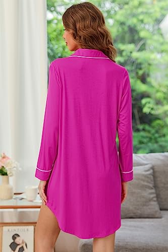 Anjue Long Sleeve Button Down Pajama Nightgowns for Women - color: 101fuchsia, size: Medium