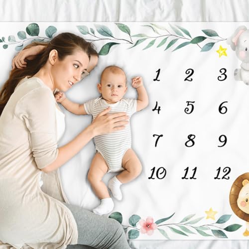 Jungle Animals Baby Monthly Milestone Blanket Flowers Plants Surrounded