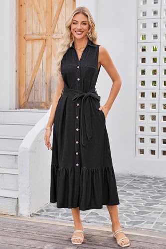 OUGES Womens 2025 Spring Maternity Dress Polo V Neck Sleeveless Ruffle Button Pregnancy Casual Work Dress with Pockets - color: Black, size: XX-Large