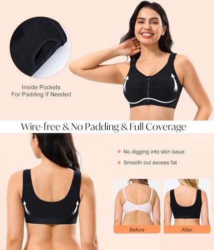 CYDREAM Zip Front Closure Wireless Bras for Women Post Surgery Compression - color: Black, size: Small