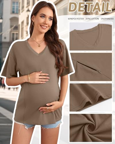 3 Pack Women's Oversize Nursing Shirts - color: Light Brown, White, Black, size: Medium