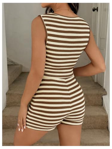 OYOANGLE Women's Maternity Sets 2 Piece Outfits Summer Striped Short Set - color: Khaki, size: X-Large