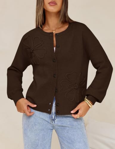 MEROKEETY Women's Fall Floral Button Up Lightweight Cardigan Sweater Trendy - color: Coffee, size: Small
