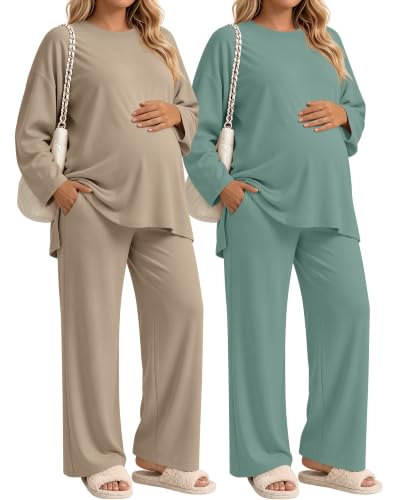 Huukeay 2 Pack Maternity Long Sleeve Pajamas Sets - color: Gray Green, Khaki, size: Medium