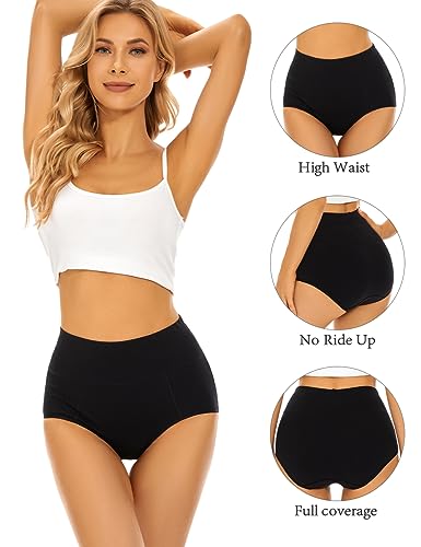 POKARLA Womens Cotton Underwear High Waist Full Coverage Briefs Soft Breathable Postpartum Panties Stretch Underpants - color: Black02-5pack, size: Large